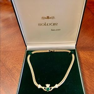 Solvar Emerald & Gold filled  Claddagh Necklace